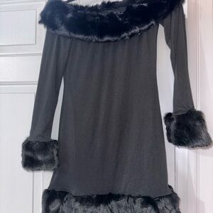 Chic Black Faux Fur Trim Dress